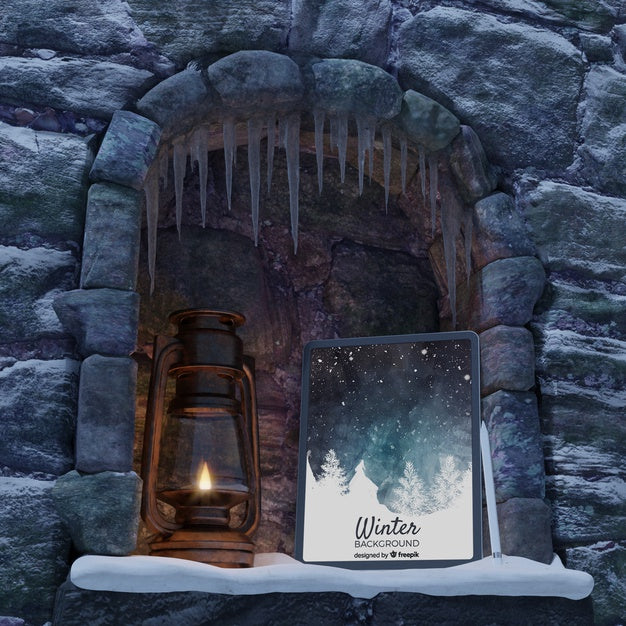 Fireplace With Lantern And Tablet Psd