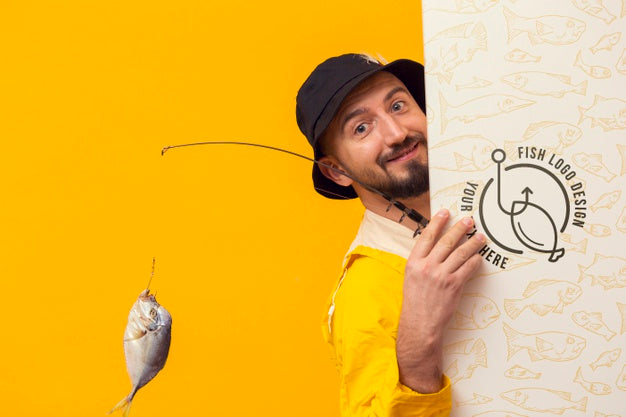 Fisherman In Raincoat Hiding Behind Mock-Up Card Psd