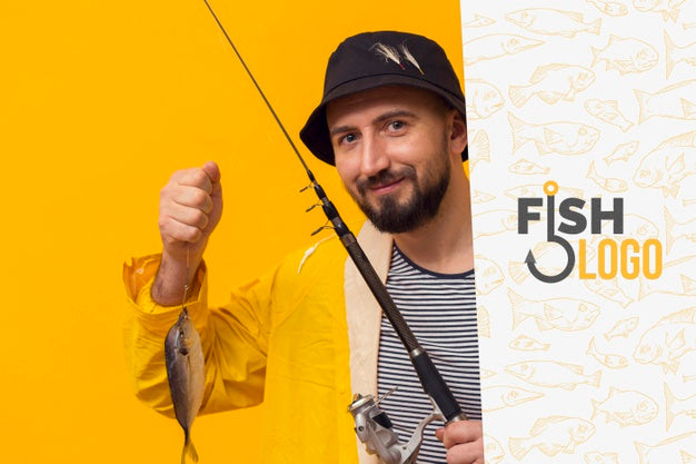 Fisherman In Raincoat Holding A Fish Psd