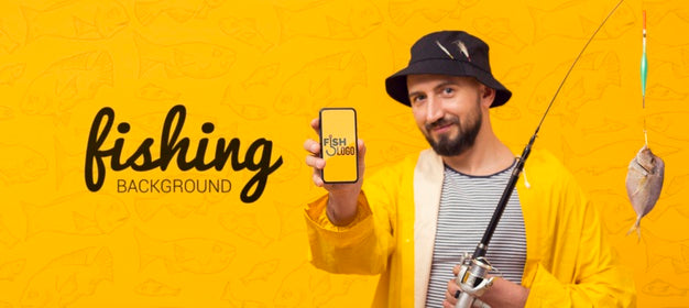 Fisherman In Raincoat Holding Mock-Up Mobile Phone Psd