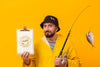 Fisherman In Raincoat With Trophy Fish In Rod Psd
