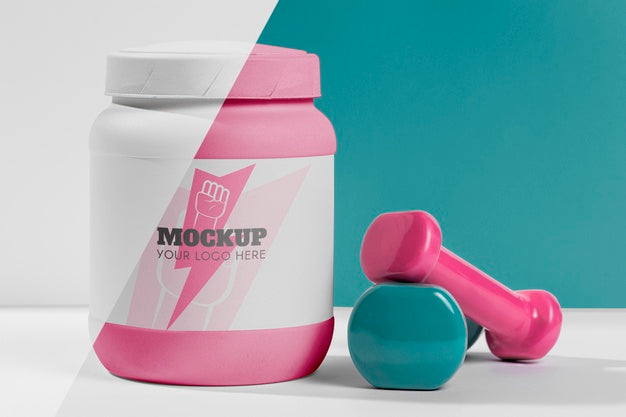 Fitness Mock-Up Weights And Thunderbolt Sign On Protein Bottle Psd