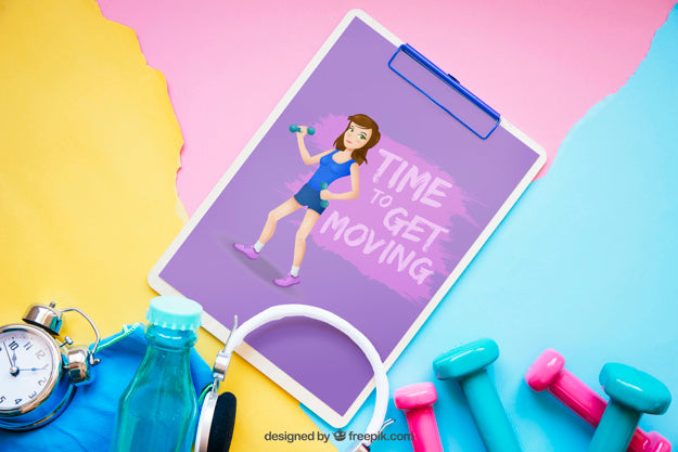 Fitness Mockup With Clipboard Above Elements Psd