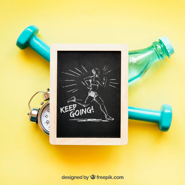 Fitness Mockup With Slate On Bottle And Dumbbells Psd