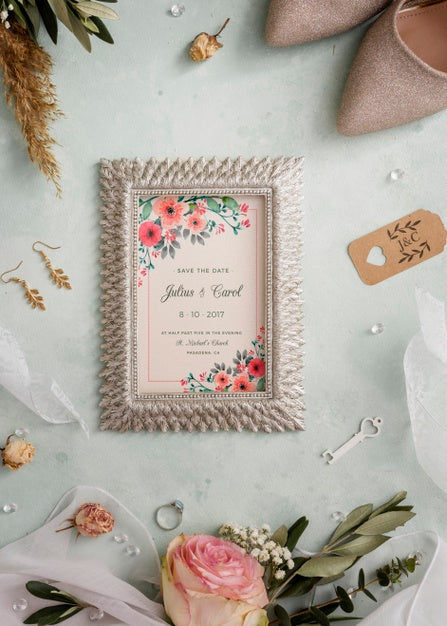 Flat Lay Arrangement Of Wedding Elements With Frame Mock-Up Psd