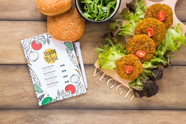 Flat Lay Arrangement With Tasty Food On Wooden Table Psd