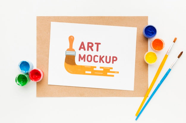 Flat Lay Artist Desk With Brushes Psd