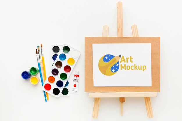 Flat Lay Artist Desk With Canvas Stand Psd