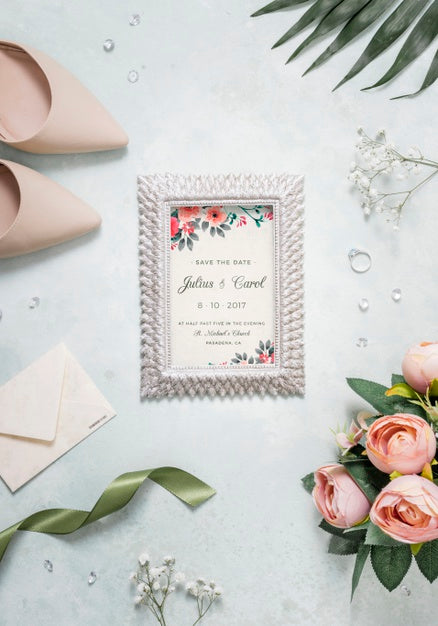Flat Lay Assortment Of Wedding Elements With Frame Mock-Up Psd