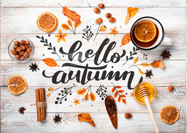 Flat Lay Autumn Arrangement On Wooden Background Psd