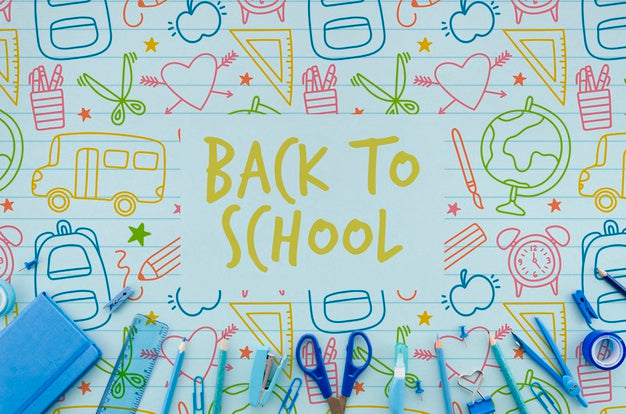 Flat Lay Back To School With Blue Supplies Psd