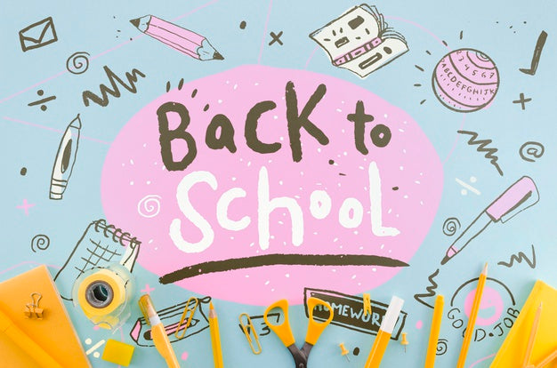 Flat Lay Back To School With Orange Supplies Psd
