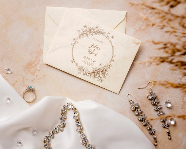 Flat Lay Beautiful Arrangement Of Wedding Elements With Card Mock-Up Psd