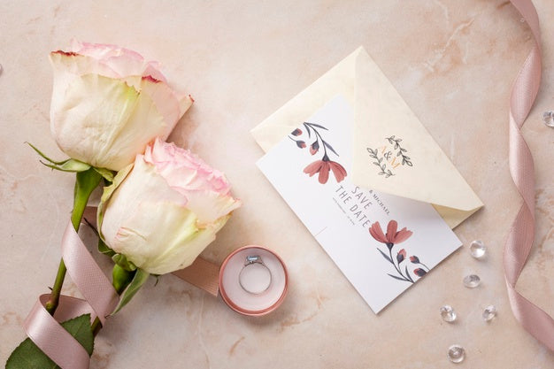 Flat Lay Beautiful Arrangement Of Wedding Elements With Invitation Mock-Up Psd