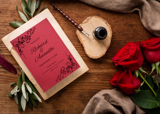 Flat Lay Beautiful Composition Of Wedding Elements With Card Mock-Up Psd