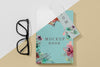 Flat Lay Book Mock-Up With Glasses And Bookmark Psd