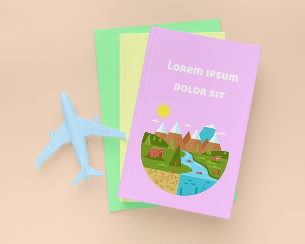Flat Lay Books With Blue Plane Psd