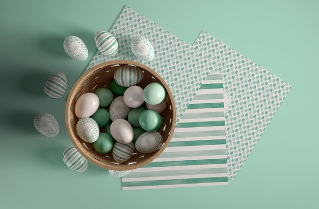 Flat Lay Bowl With Painted Eggs For Easter Psd