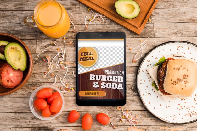 Flat Lay Burger Soda And Phone Mock Up Psd