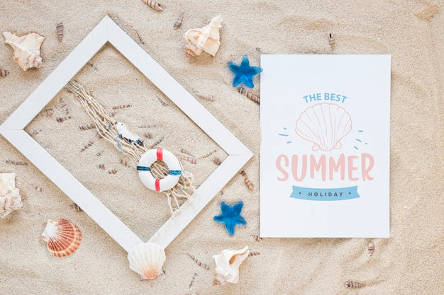 Flat Lay Card Or Paper Mockup With Summer Elements Psd