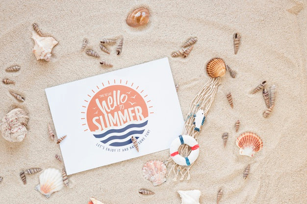 Flat Lay Card Or Paper Mockup With Summer Elements Psd