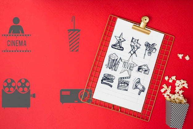 Flat Lay Cinema Arrangement On Red Background Psd