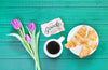 Flat Lay Collection Of Coffee Cup Next To Flowers Psd