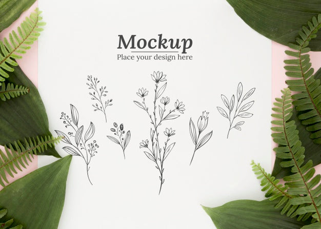 Flat Lay Composition Of Green Leaves With Mock-Up Psd