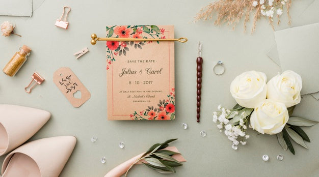 Flat Lay Composition Of Wedding Elements With Card Mock-Up Psd