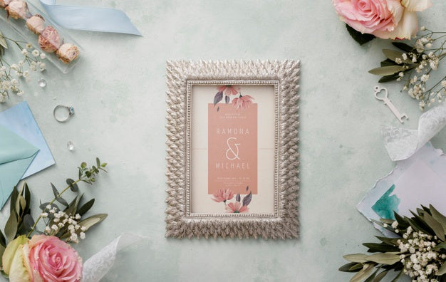 Flat Lay Composition Of Wedding Elements With Frame Mock-Up Psd