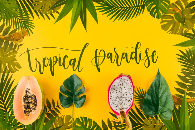 Flat Lay Copyspace Mockup With Tropical Leaves Psd