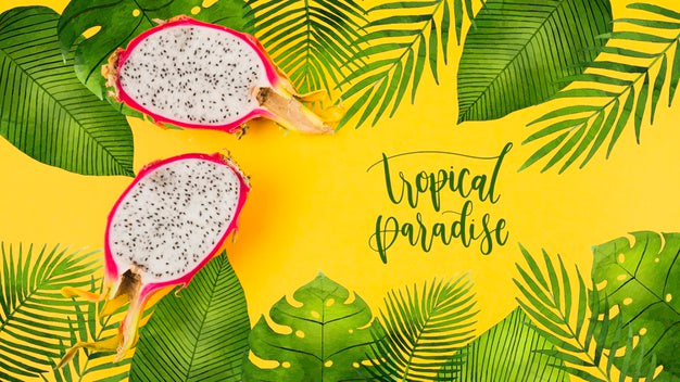 Flat Lay Copyspace Mockup With Tropical Leaves Psd