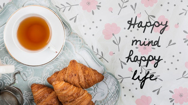 Flat Lay Croissants And Cup Of Tea Psd