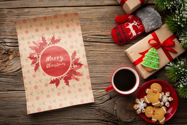Flat Lay Cup Of Coffee With Gingerbread And Christmas Gifts Psd