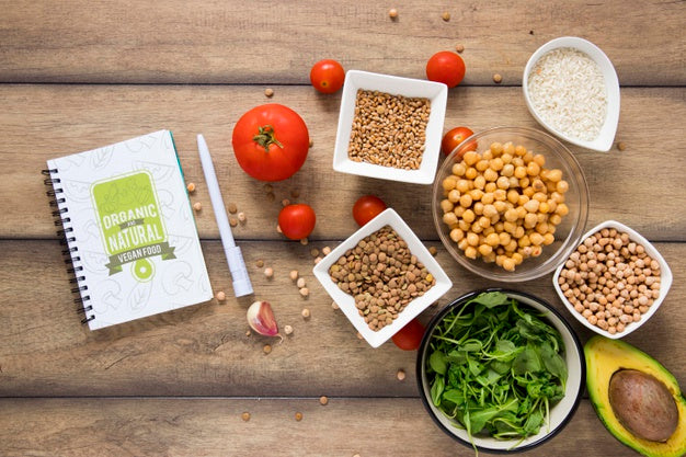 Flat Lay Delicious Food With Notebook And Pen Psd