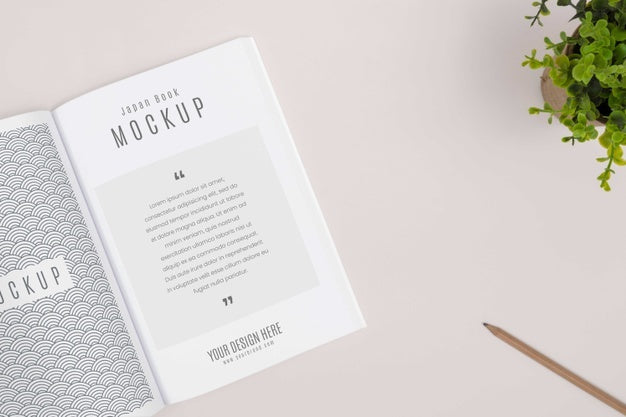 Flat Lay Desk Arrangement With Open Book Mockup Psd