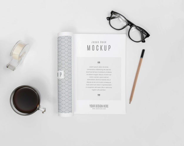 Flat Lay Desk Arrangement With Open Book Psd