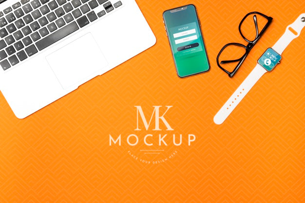 Flat Lay Devices And Glasses Arrangement Psd