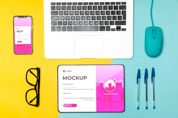 Flat Lay Devices On Desk Arrangement Psd