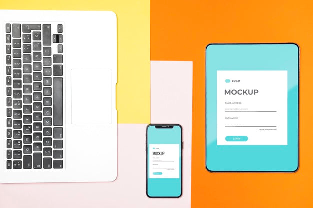 Flat Lay Digital Tablet And Mobile Phone Mock-Up Psd