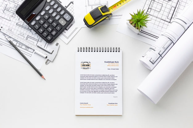 Flat Lay Engineering Tools With Notepad Mock-Up Psd