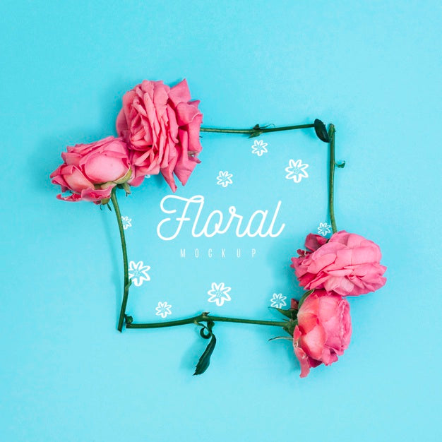 Flat Lay Floral Frame Pink Roses Mockup Psd