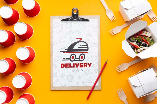 Flat Lay Food Delivery Arrangement With Clipboard Mock-Up Psd