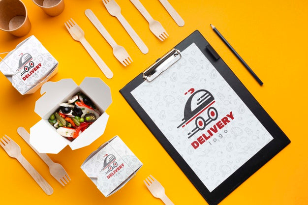 Flat Lay Food Delivery Composition With Clipboard Mock-Up Psd