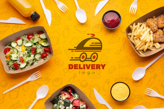Flat Lay Food Service Arrangement With Background Mock-Up Psd