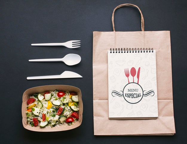 Flat Lay Food Service Arrangement With Notepad Mock-Up Psd