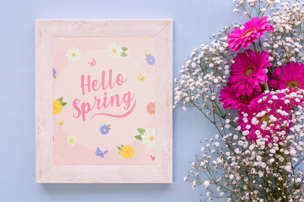 Flat Lay Frame Mockup With Spring Flowers Psd