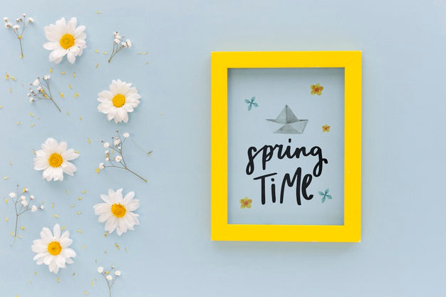 Flat Lay Frame Mockup With Spring Flowers Psd