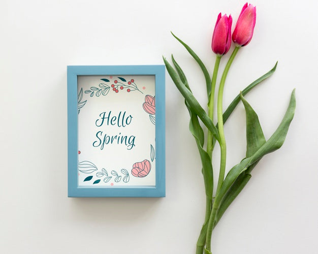 Flat Lay Frame Mockup With Spring Flowers Psd