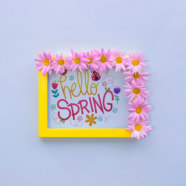 Flat Lay Frame Mockup With Spring Flowers Psd